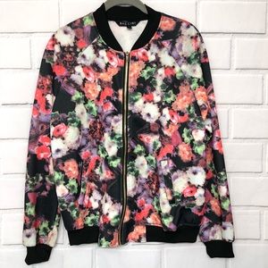 Baccini Black Red White Floral Print Bomber Jacket